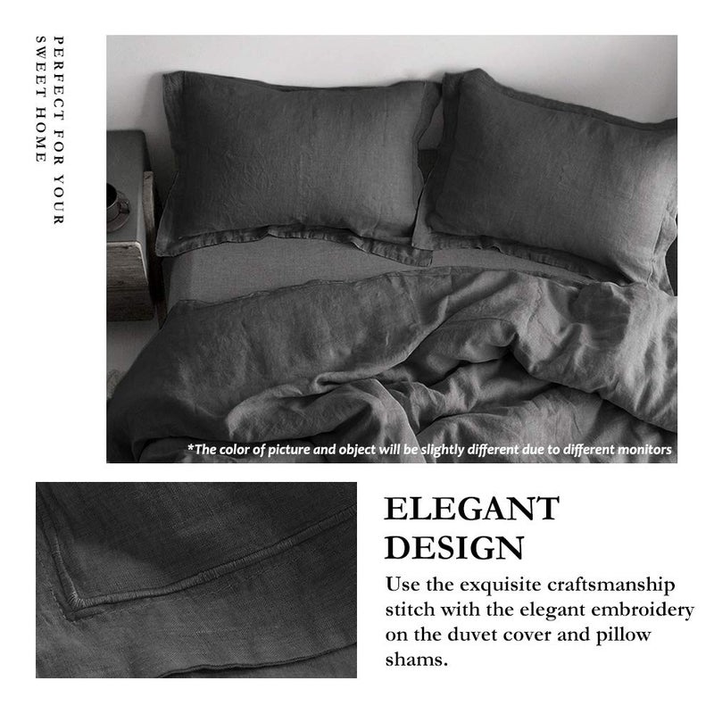 Simple&Opulence 100% Linen Duvet Cover Set with Embroidery Washed - 3 Pieces (1 Duvet Cover with 2 Pillow Shams) with Button Closure Soft Breathable Farmhouse - Dark Grey, King Size - Image 2